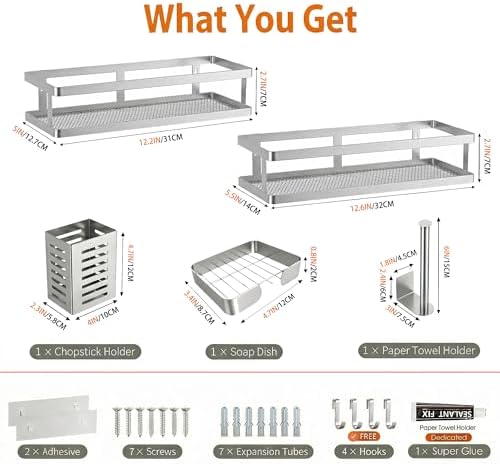 PUSDON 5-in-1 Shower Caddy & Kitchen Organizer Set, Wall Mount Wide Spice Rack with Paper Towel Holder, Utensil Holder, Soap Dish, Rustproof Mesh Baskets Hold 50LBS - Silver Gray, Guardrail - Image 3