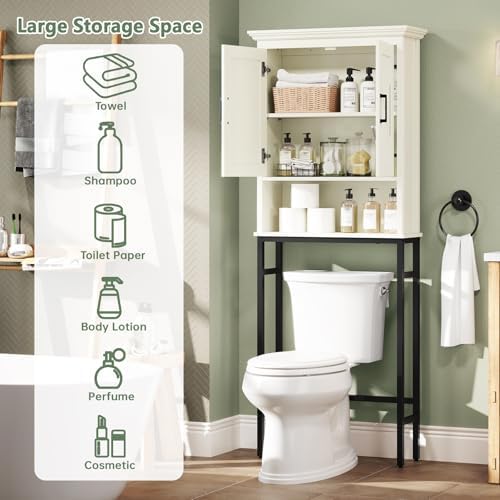 Over The Toilet Storage Cabinet, Over The Toilet Cabinet with Doors, Over Toilet Bathroom Organizer Above Toilet Storage Cabinet with Inner Adjustable Shelf and Anti-Tip Device, Cream White - Image 3
