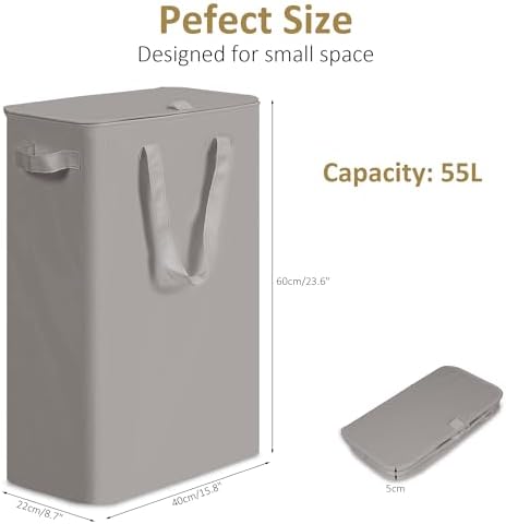 efluky Slim Laundry Basket with Lid, Narrow Laundry Hamper with Handles, Collapsible Dirty Clothes Hamper, Tall Laundry Bin for Laundry Room, Dorm and Bedroom, 55L Grey - Image 2
