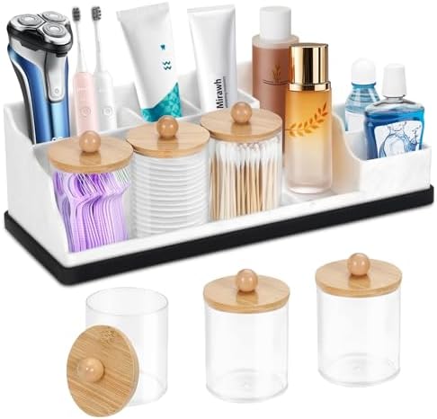 Bathroom Organizer Countertop, White Silicone Toothbrush Holders for Bathrooms with 3PCS Qtip Holder Dispenser, Toothbrush and Toothpaste Holder for Bathroom Counter Organization Storage Vanity by MSBRCH