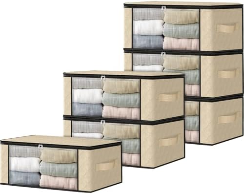 HomeHacks 6-Pack Clothes Organizer Storage Bags, 35L Storage Bins, Beige | Foldable Storage Box Container with Zippers, Clear Window, Reinforced Handles for Closet, Dorm, Pillows, Bedding, Sweater by HomeHacks