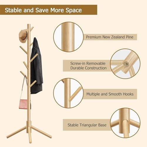 8-Hook Freestanding Coat Rack 3 Adjustable Heights Nature 2PCS - Image 5