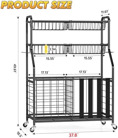 APEXCHASER Sports Equipment Organizer, Rolling Garage Ball Storage Rack - Image 5