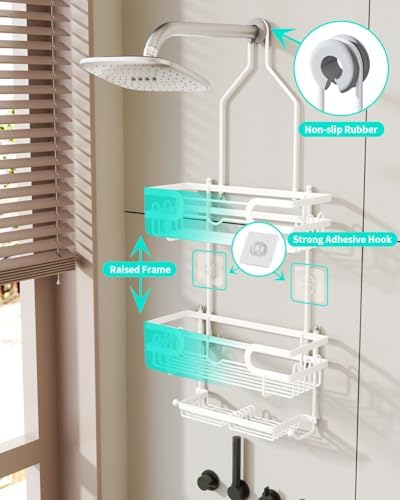 HapiRm Bathroom Hanging Shower Caddy - Rustproof Shower Shelf with 12 Hooks and 2 Soap Holders, No Drilling Bathroom Organizers and Storage - White - Image 4