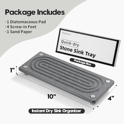 Razborci Water Absorbing Stone Sink Caddy Kitchen Sink Organizer Tray, Diatomite Bathroom Counter Tray, Faucet Drying Mat Coaster Soap Dish Rack Riser Dispenser Sponge Holder, Charcoal 10" x 4" - Image 3