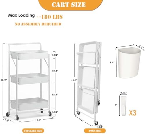Foldable Storage Cart 3 Tier Rolling Cart with Wheels No Assemble Required Metal Utility Kitchen Cart Heavy Duty Folding Storage and Organizer for Classroom, Bedroom(White) - Image 2