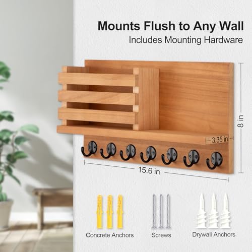 Lwenki Key Holder for Wall – Decorative Wooden Mail Holder and Key Shelf with Mounting Hardware, Installation Guide – Paulownia Wood with Metal Key Hooks (Light Brown, Extra Large - 15.6inch) - Image 5