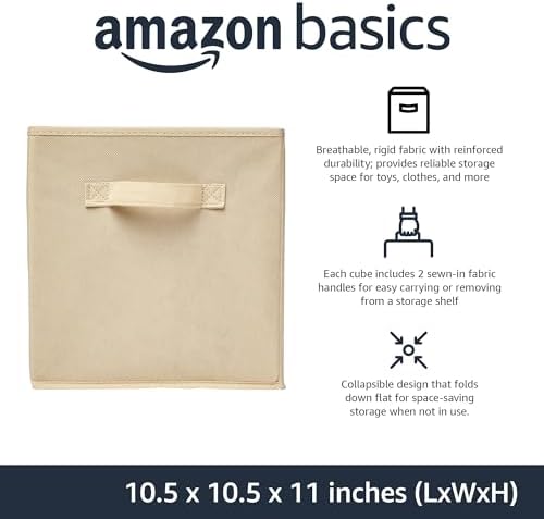 Amazon Basics Collapsible Fabric Storage Cubes Organizer with Handles, Sturdy Storage Bins for Organization, 10.5" x 10.5" x 11", Beige, 6 Count (Pack of 5) - Image 2