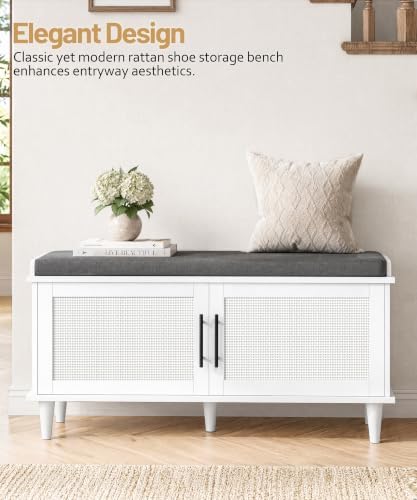 Akxomel 39.4" Rattan Shoe Storage Bench 2 Doors Wooden Entryway Bench White - Image 4