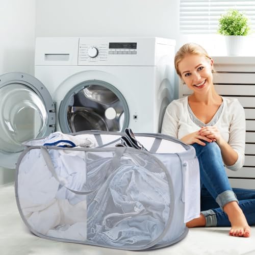 Sturdy Collapsible Laundry Baskets, Foldable Pop Up Laundry Hamper, Durable 2 Compartments Laundry Basket, Handy Pocket & Easy to Sort Clothes Hampers for Laundry, Dorm, Kids Room, Travel Grey - Image 2