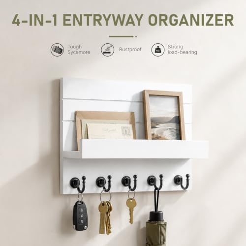 HONJIN Key Holder Wall Mount with Shelf and 5 Sturdy Key Hooks (White) - Image 5