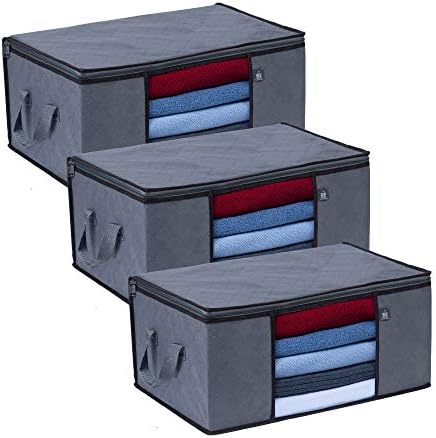 VENO 3 Pack Large Clothes Storage Bag with Reinforced Handle 13 Gallon | Thick Container Bins Organizer for Blankets, Comforters, Bedding, Foldable w/ Sturdy Zipper, Clear Window, Grey(13.3 Gallon) by Veno