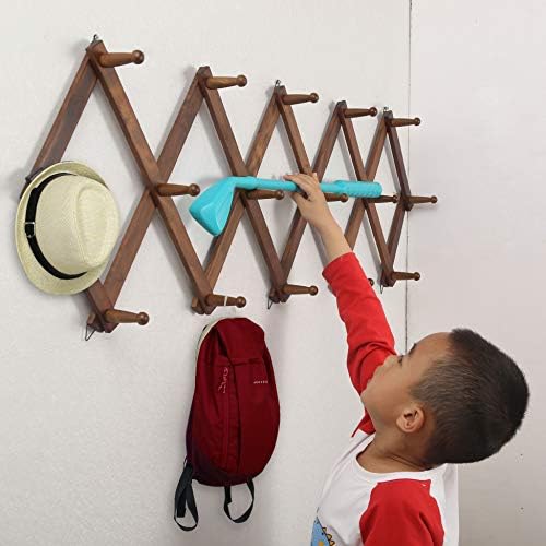 WEBI Accordion Wall Hanger, Wooden Coat Rack Wall Mounted, Hat & Cap Hook Rack, 16 Peg Hooks, Walnut Color - Image 6