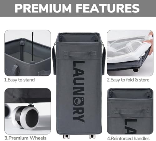 Goodpick 75L Laundry Basket with Wheels & Removable Wash Bag for Dorm - Image 4