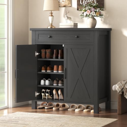 Farmhouse Shoe Storage Cabinet, 5-Tier High Boots Organizer with Adjustable Shelves, Large Drawer & Barn Doors, Entryway Shoe Rack for Hallway Living Room, Black by Unknown