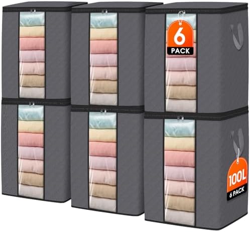 SpaceWhisper 6 Pack 100L Clothes Storage, Foldable Storage Bags, Grey | Thick Fabric, Clear Window, with Reinforced Handle, for Clothing, Blanket, Comforters, Bedding Organizing by Unknown