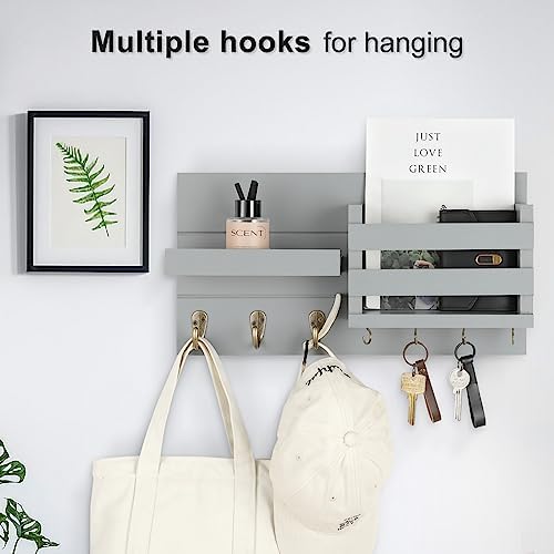 Lwenki Mail Organizer for Wall Mount – Key Holder with Shelf Includes Letter Holder and Hooks for Coats, Dog Leashes – Rustic Wood with Flush Mounting Hardware (16.5” x 8.7” x 3.5”) (Gray) - Image 4