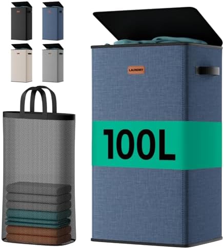 100L Laundry Hamper with Lid, Sturdy Clothes Hamper Heavy-Duty Laundry Basket Supports 30lb, Collapsible for Bathroom Bedroom Laundry Room Dorm by MECINFUL