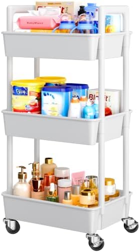 Pipishell 3 Tier Rolling Cart Organizer, Plastic Rolling Cart with Lockable Wheels & Reinforced Handle, Lightweight Utility Cart Storage Cart for Nursery, Kitchen, Bathroom, Craft Room, White, PIUC14W by Pipishell