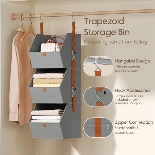 Homsorout Collapsible Hanging Closet Organizer - 3 Tier Closet Shelves Storage System with Hooks, Fabric Hanging Storage Bins for Clothes, Foldable Storage Basket for Laundry, Bedroom, Rv, Grey - Image 3