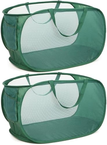 Sturdy Mesh Pop Up Laundry Hamper, Collapsible Laundry Baskets with Side Pocket, Foldable Clothes Hamper with Reinforced Carry Handles for Laundry, Bathroom, Kids Room, Dorm or Travel 2 Pack Emerald by Bemkoo