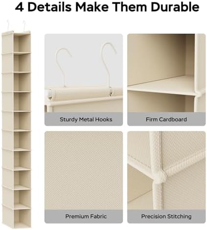 MAX Houser 2 Pack 10 Tier Slim Hanging Shoe Organizer Beige | Foldable Hanging Shoe Storage Shelf with 2 Metal Hooks, Space Saving Storage for Narrow Space - Image 5