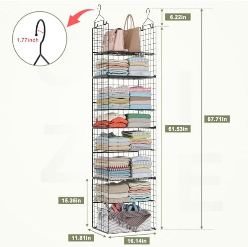 Hanging Closet Organizer and Storage - 8 Tier Closet Hanging Organizer Shelves, Metal & Foldable Hanging Storage Organizer Baskets with Adjustable Dividers for Clothing Sweaters Shoes Handbags - Image 2