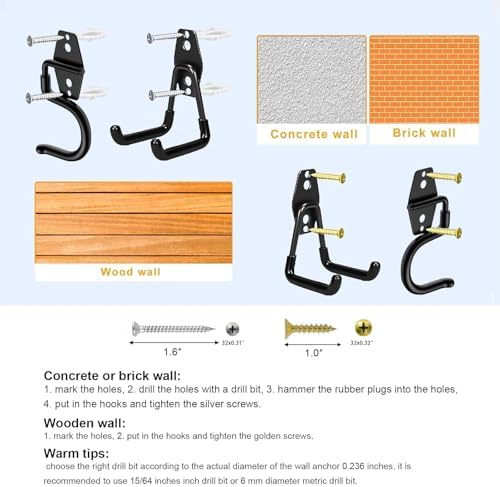 Heavy Duty Garage Hooks Storage, Anti-Slip Steel Wall Mount Multi-Size Utility Hangers Organizer for Ladders, Bikes, Garden Tools, Hose with 32 Screws Hardware Kit (Black, 20 Pack) - Image 6