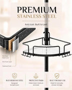 ALLZONE Corner Shower Caddy Tension Pole, 4 Hang-On Basket with Mixed-Height Shelves for Various Bottle Sizes, Extra Hooks & Soap Holder, Rustproof Stainless Steel, Fits 34–116 Inch, Black/White - Image 7