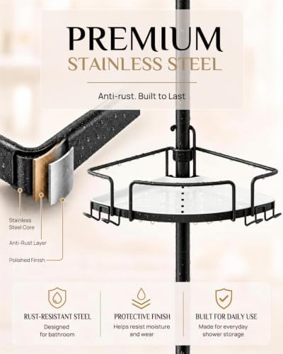 ALLZONE Corner Shower Caddy Tension Pole, 4 Hang-On Basket with Mixed-Height Shelves for Various Bottle Sizes, Extra Hooks & Soap Holder, Rustproof Stainless Steel, Fits 34–116 Inch, Black/White - Image 7