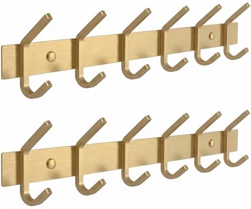 Brushed Gold Wall Mounted Coat Rack – 17 Inch Stainless Steel Rail with 6 Double Coat Hooks for Entryway, Bathroom, Bedroom, Kitchen – Modern Gold Hook Rack for Coats, Hats, Towels - 2 Pack by SAYONEYES