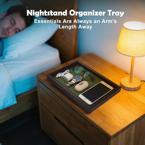 Wooden Valet Tray with Leather Base - Nightstand Catchall Organizer for Cologne, Perfume, Keys, Wallet, Phone, Watch, Jewelry & Sunglasses (Green) - Image 4