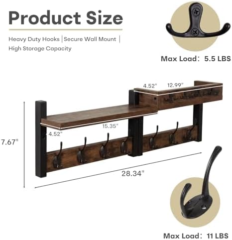 Wall Coat Rack with Shelf & Mail Organizer, Entryway Rustic Brown - Image 3
