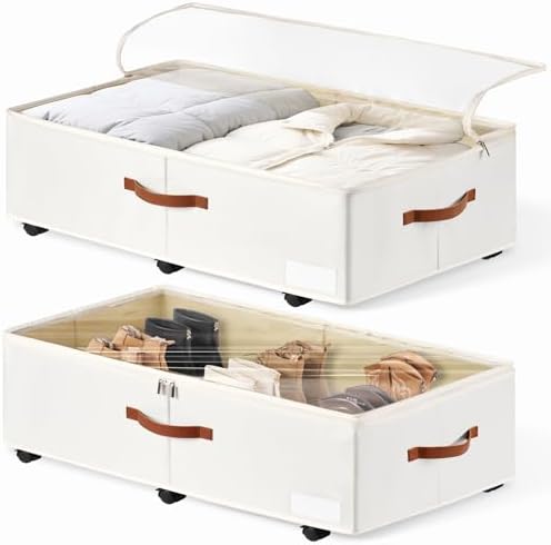 60L Large Under Bed Storage with Wheels Pack of 2, Underbed Shoe Container Bin with Clear Lid Cover, 10.5 Inches Rolling Under Bed Drawer Storage Bag Basket for Boots Quilt Sweater - White by KitHero