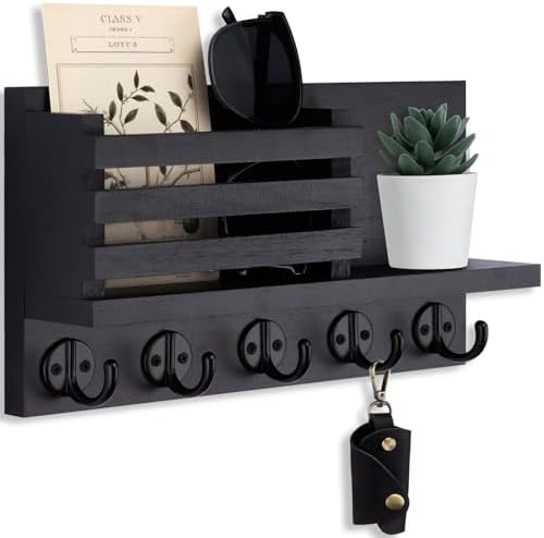 Lwenki Key Holder for Wall – Decorative Wooden Mail Holder and Key Shelf with Mounting Hardware, Installation Guide – Paulownia Wood with Metal Key Hooks (Black, Large - 11.8inch) by Lwenki