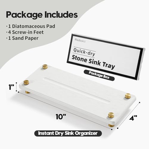 Razborci Water Absorbing Stone Sink Caddy Kitchen Sink Organizer Tray, Diatomite Bathroom Counter Tray, Gold Faucet Drying Mat Coaster Soap Dish Rack Riser Dispenser Sponge Holder, White 10" x 4" - Image 3