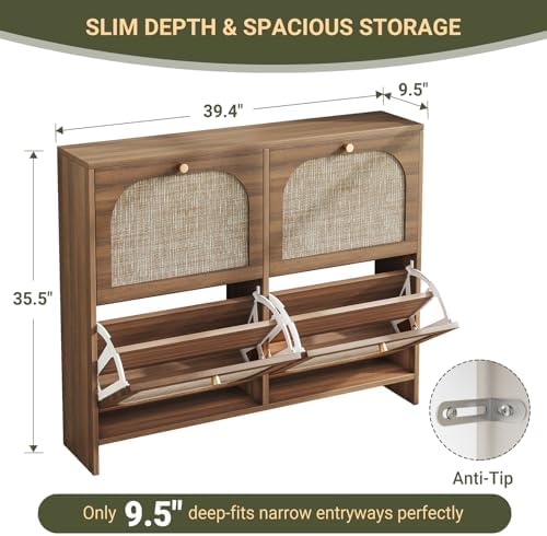 Nicetree Freestanding Ultra Slim Fluted Accent Shoe Storage Cabinet for Entryway - 4 Flip Drawers & 3-Tier Adjustable Shelves, Farmhouse Modern Rustic Shoe Rack for Hallway, Foyer, Living Room - Image 2