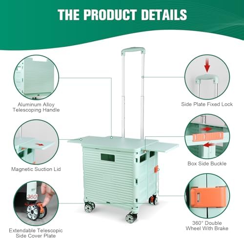Foldable Utility Cart Folding Portable Rolling Crate with Magnetic Extended Lid,360°Rotate Wheels,176LBS Load Capacity,Heavy Duty Durable Dolly Cart for Teacher Tourist Shopping Office Outdoor - Image 5