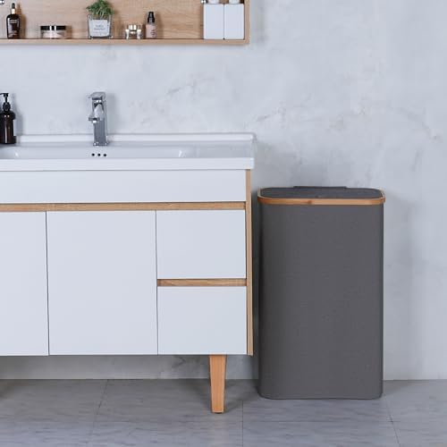 Slim Laundry Basket,60L Laundry Hamper with Lid, Tall Hamper for Laundry,Dirty Cloth Hamper with Bamboo Handle for Towels, Clothes Organizing,Grey - Image 5