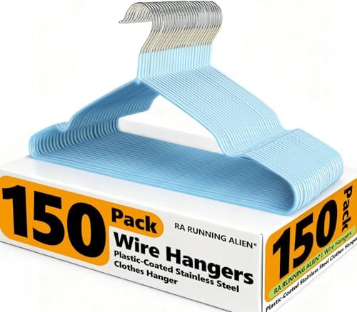 150 Pack Clothes Hangers,Non Slip Blue Plastic Coated Metal Coat Hanger for Closet,Sturdy Thin Hangers Bulk Space Saving Hangers for Pants,Skirt,Shirt,Dress,Tie by Unknown