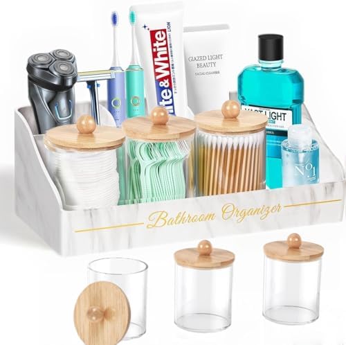 Tucao Toothbrush Holders, Toothbrush Holders for Bathroom with 6 Large Capacity Storage Slots & 3 Qtip Holders - Sturdy for Bathroom Counter Organizers and Storage Countertop - Marble White by TuCao