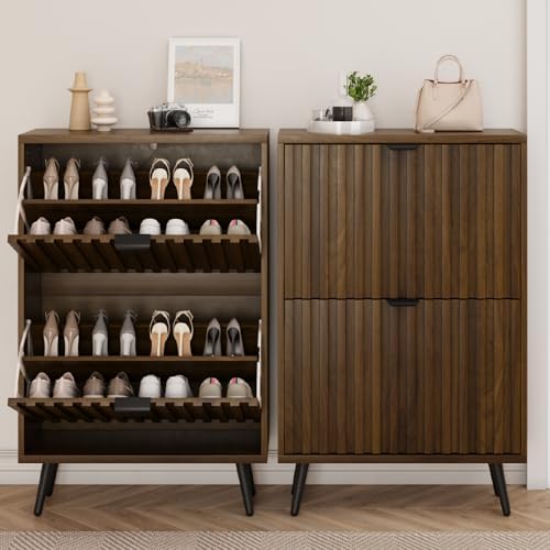 Smuxee Shoe Cabinet with 2 Flip Drawers, 23.6" Walnut Hidden Shoe Storage Cabinet with Fluted Design, Freestanding Shoe Organizer Cabinet for Entryway, Hallway, Closet, Living Room - Image 3