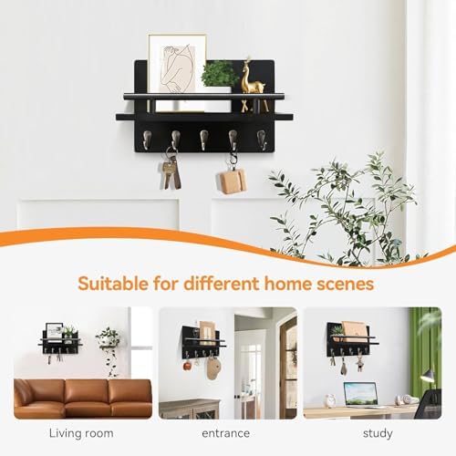 Key Holder Wall Mount with Shelf & 5 Sturdy Hooks, Rustic Mail Organizer Hanging Dog Leash, Glasses, Wooden Key Hanger with Mounting Hardware - Image 7