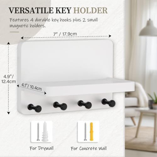 Nekon Key Holder for Wall with Shelf, Pine Wooden Key Hanger, White - Image 3