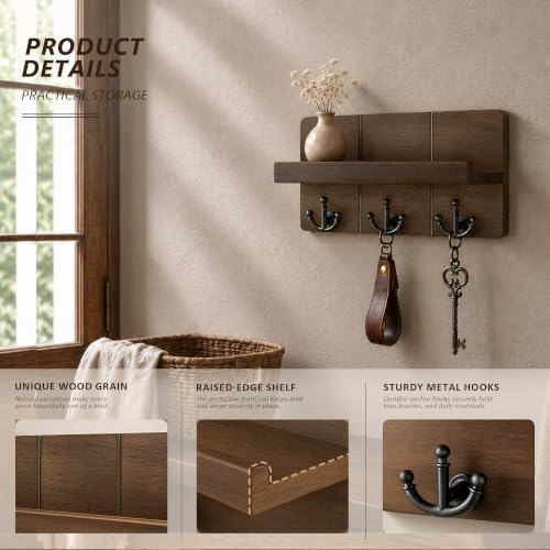 Rebee Vision Key Holder Wall Mount with 3 Hooks for Entryway, Retro Brown - Image 6