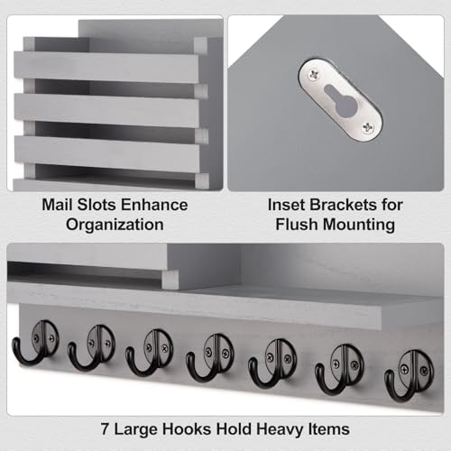 Lwenki Key Holder for Wall – Decorative Wooden Mail Holder and Key Shelf with Mounting Hardware, Installation Guide – Paulownia Wood with Metal Key Hooks (Gray, Extra Large - 15.6inch) - Image 2