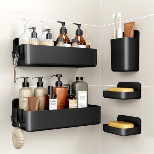Orimade Shower Caddy 5-Pack, No-Drill Adhesive Shelves for Bathroom, Rustproof ABS Storage Organizer Set, Black by Orimade