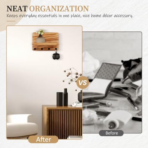Nekon Key Holder for Wall with Shelf, Pine Wooden Key Hanger, Wood - Image 7