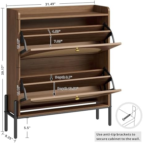IRONCK Rattan Shoe Cabinet Storage with 2 Flip Drawers, Walnut - Image 3