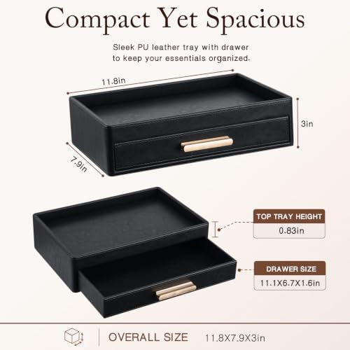 GORESE Leather Valet Tray for Men, Nightstand Organizer with Drawer, Black - Image 3